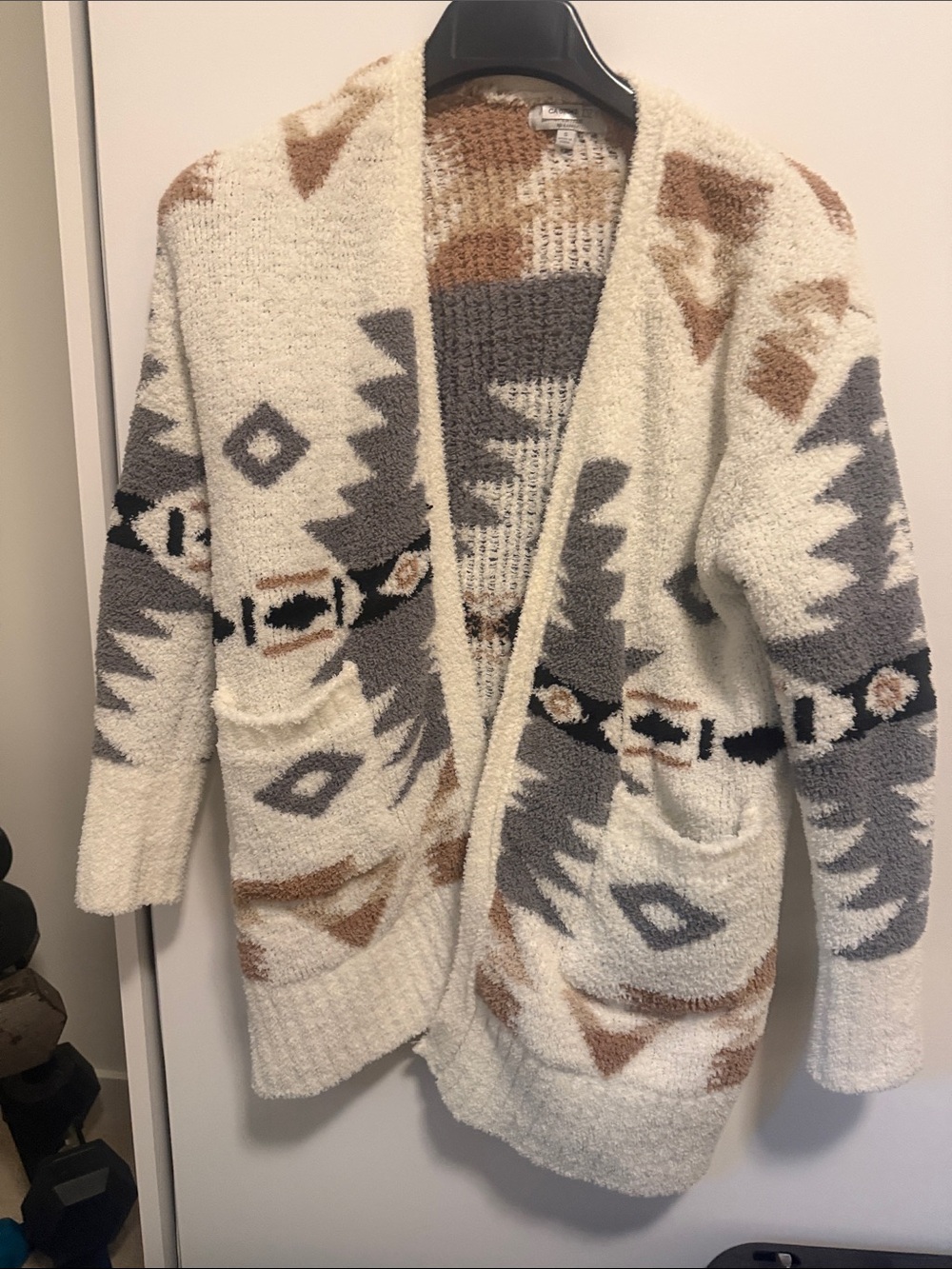 Cozy Aztec-Print Open Cardigan in Cream, Gray & Brown